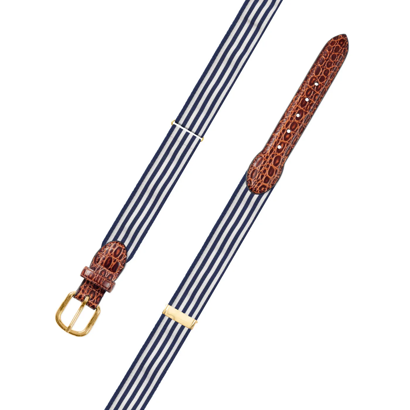 Adjustable Thin Stripe Navy & White Grosgrain Belt with Embossed Calf Tabs