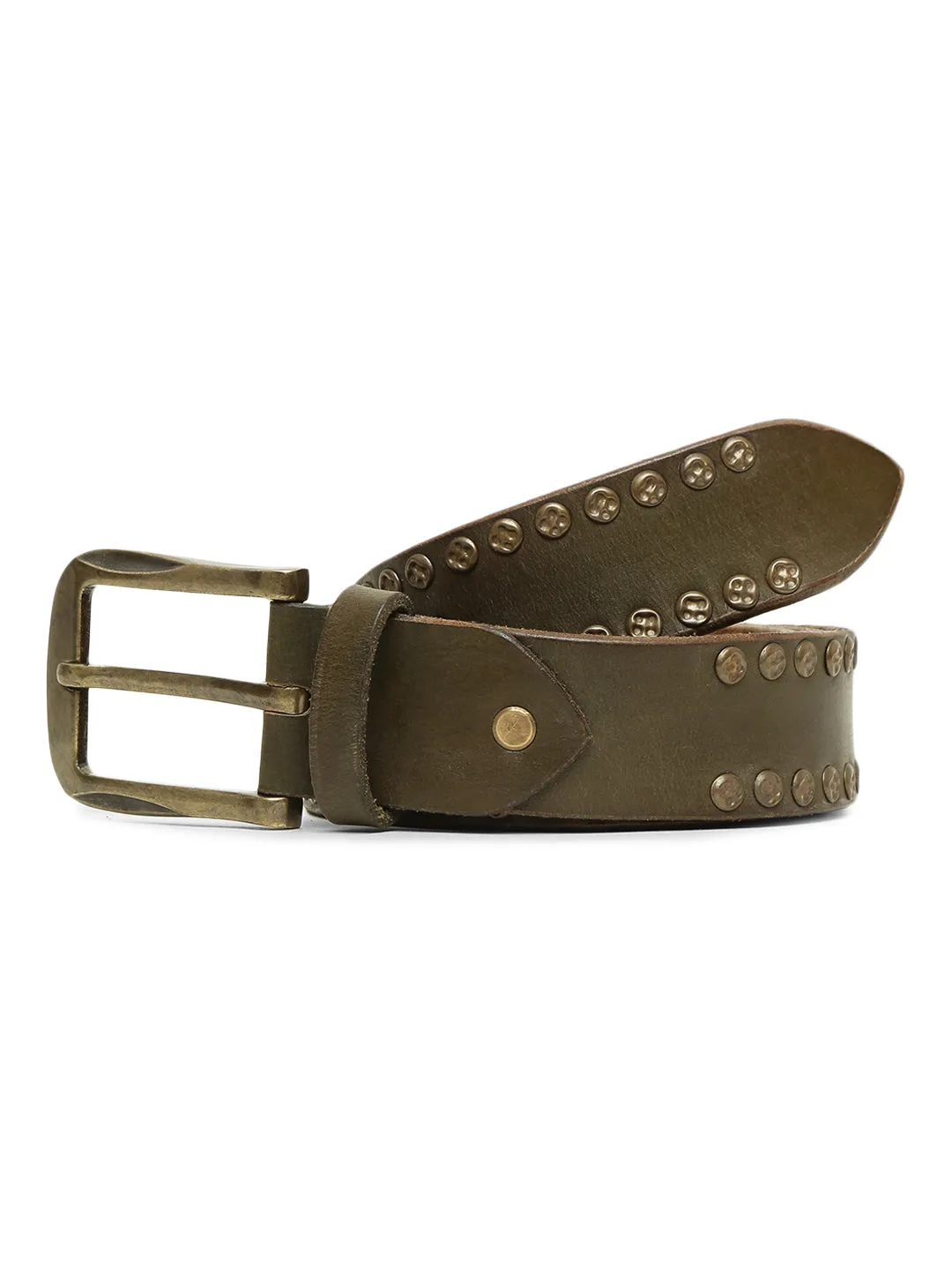 Art N Vintage Premium Olive Genuine Leather Studded Men's Belt - Stylish & Durable