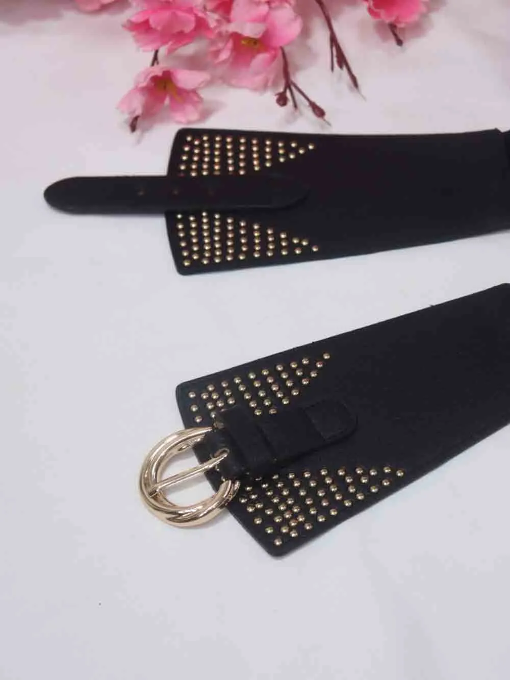 Gold Bead Design Faux Leather Belt - Stylish and Professional