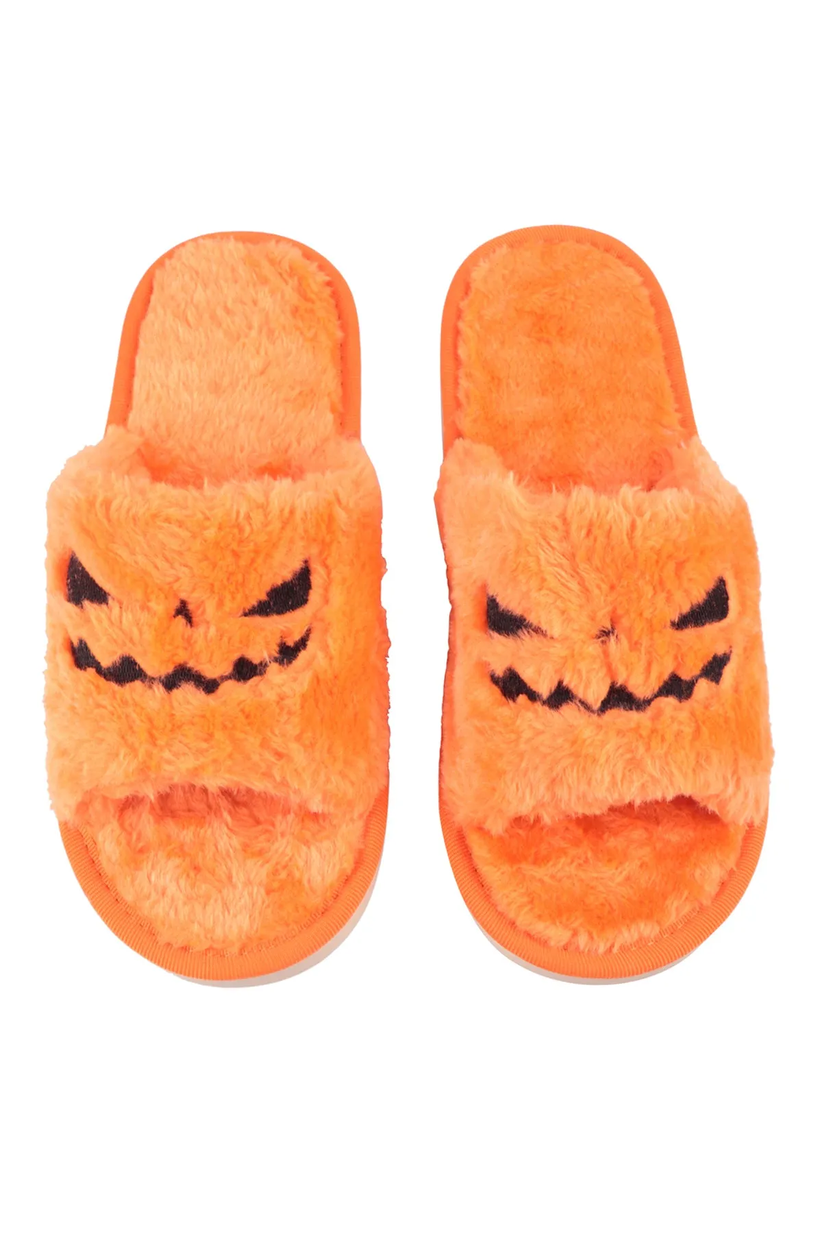 HALLOWEEN PUMPKIN ACCENT FUZZY SLIPPER ASSORTED SIZE-ORANGE/6PCS(S2-M2-L2)