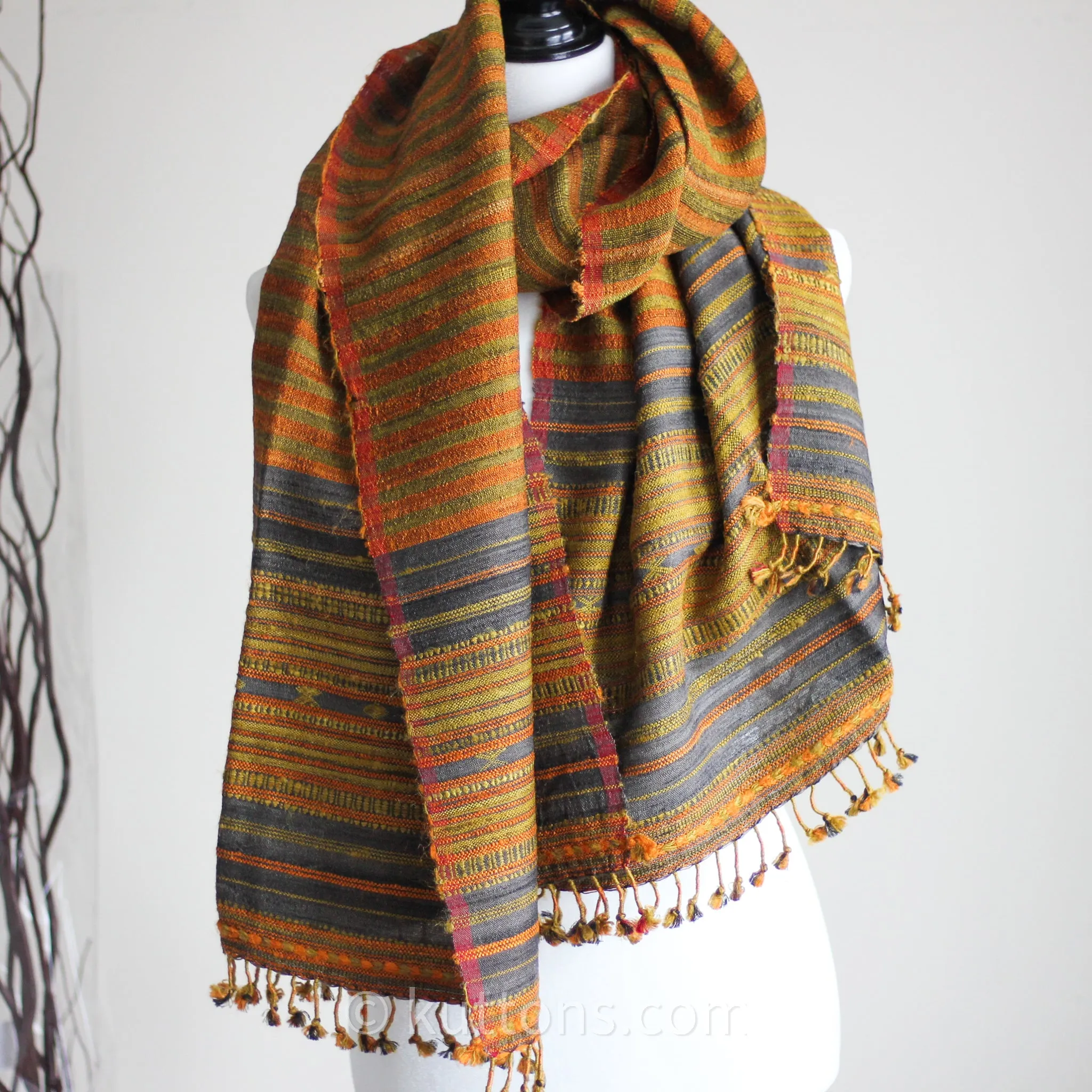 Naturally Dyed Handwoven Wrap with Tassels - Tussar Silk & Cotton | Orange-Gold, 23x72"