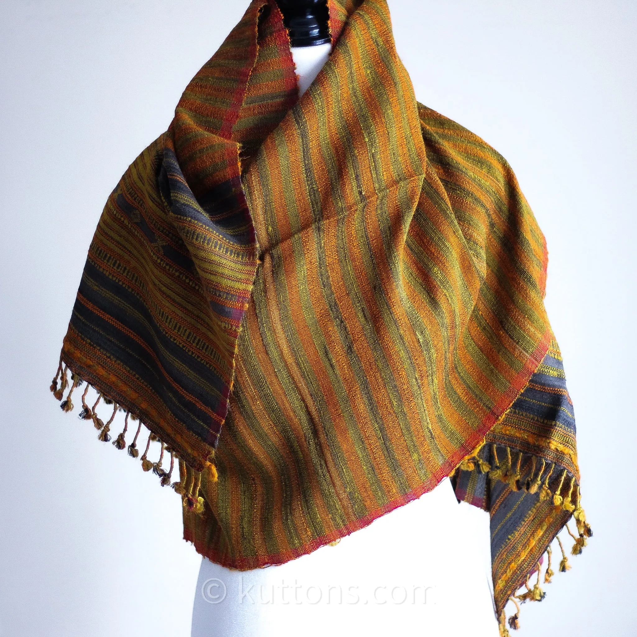 Naturally Dyed Handwoven Wrap with Tassels - Tussar Silk & Cotton | Orange-Gold, 23x72"