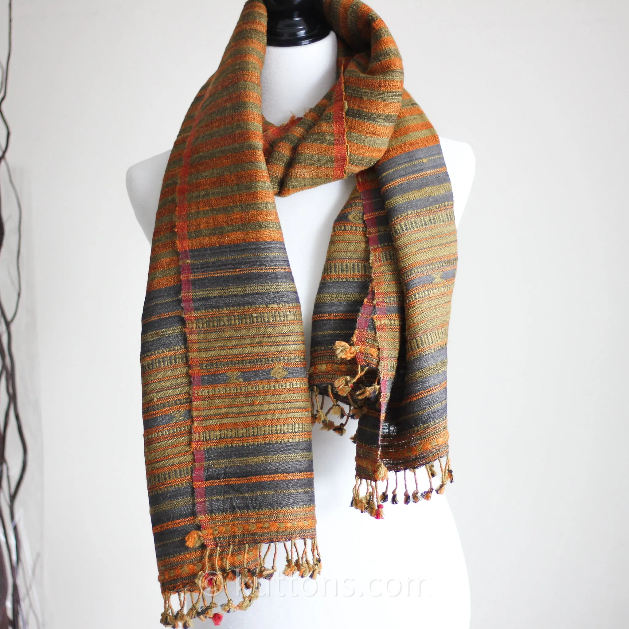 Naturally Dyed Handwoven Wrap with Tassels - Tussar Silk & Cotton | Orange-Gold, 23x72"