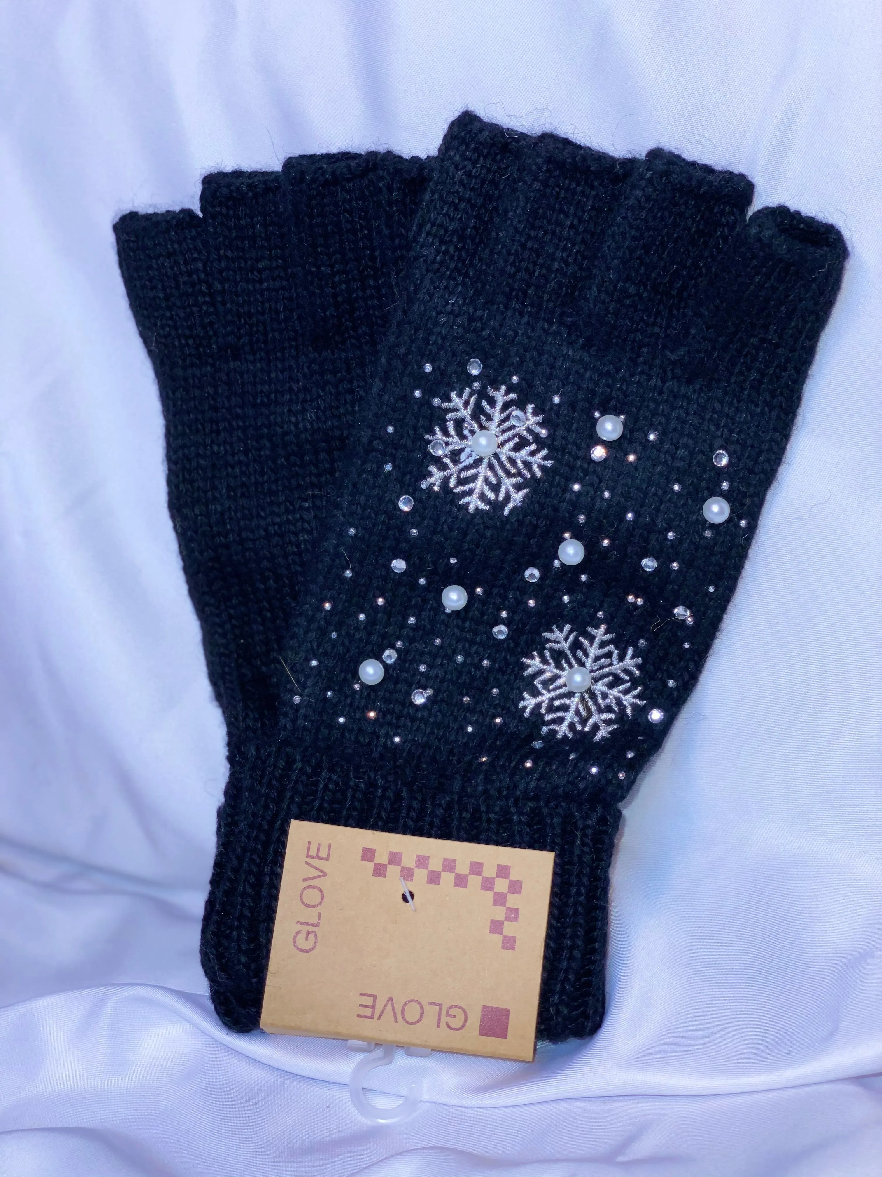 Pearl Snowflake and Rhinestone Fingerless Gloves