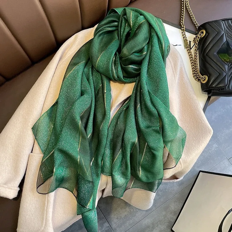 Really Silk and Wood Scarf Design Shining Silk Hijab Scarves Women Winter Spring Fashion Plaid Pashmina Shawls and Wraps Foulard