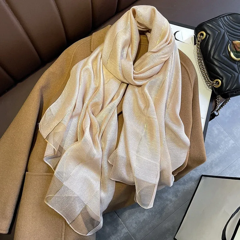 Really Silk and Wood Scarf Design Shining Silk Hijab Scarves Women Winter Spring Fashion Plaid Pashmina Shawls and Wraps Foulard