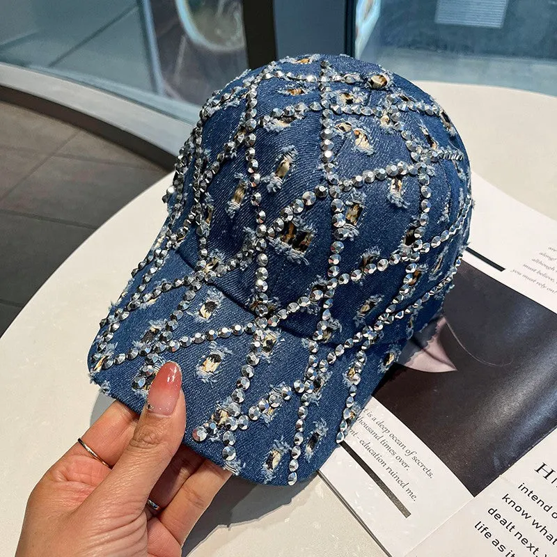 Ripped hat women's rhinestone baseball breathable peaked hat