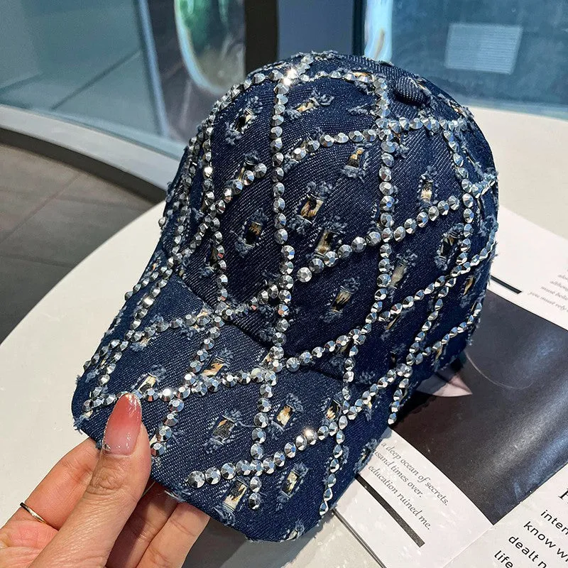 Ripped hat women's rhinestone baseball breathable peaked hat