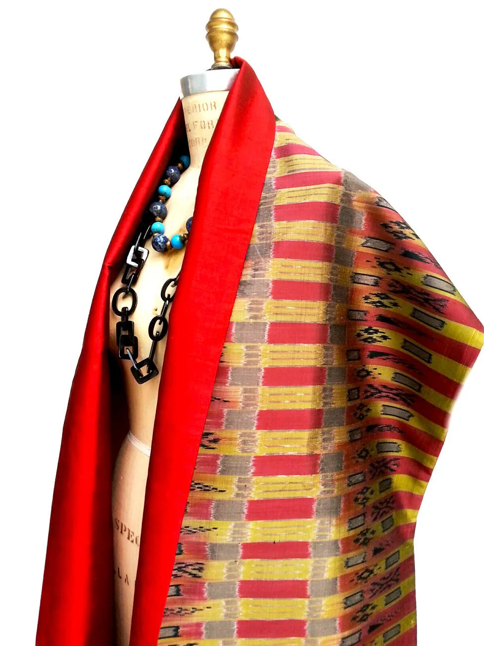 Silk Ikat Double Side Shawl Red Gold Bars