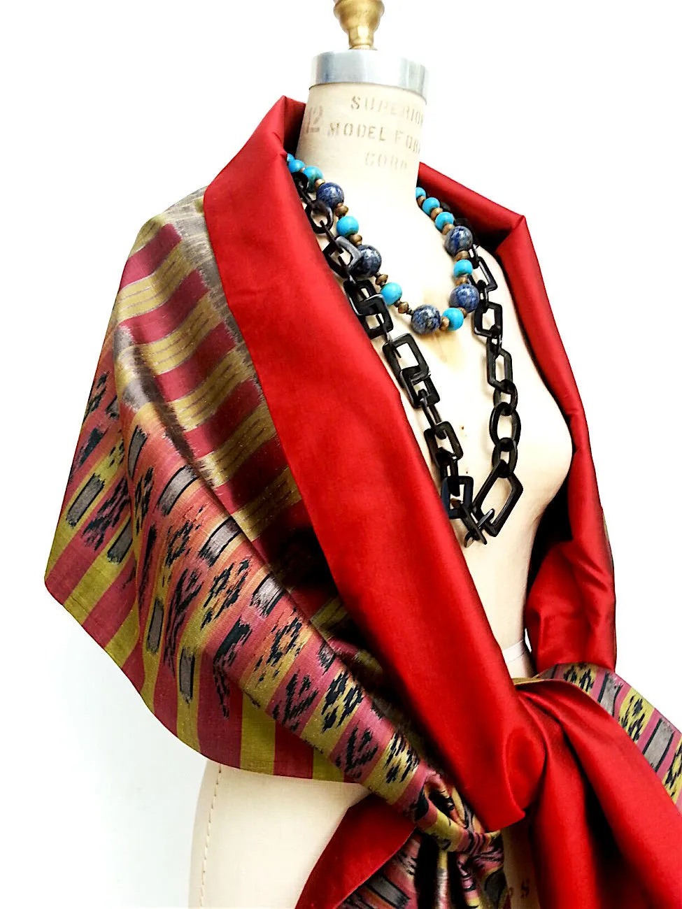 Silk Ikat Double Side Shawl Red Gold Bars