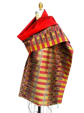 Silk Ikat Double Side Shawl Red Gold Bars