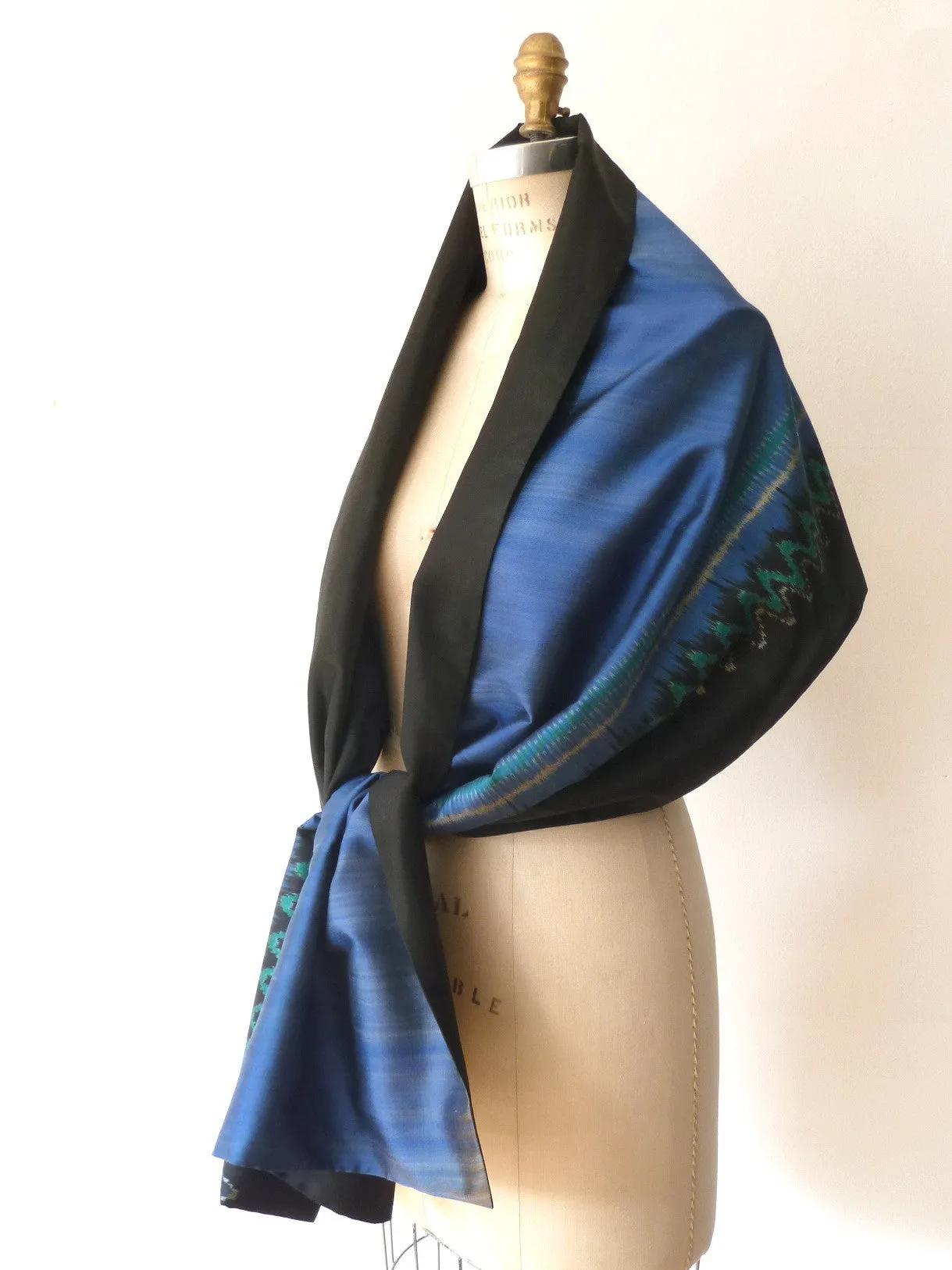 Silk Ikat Double Sided Shawl Black And Cobalt