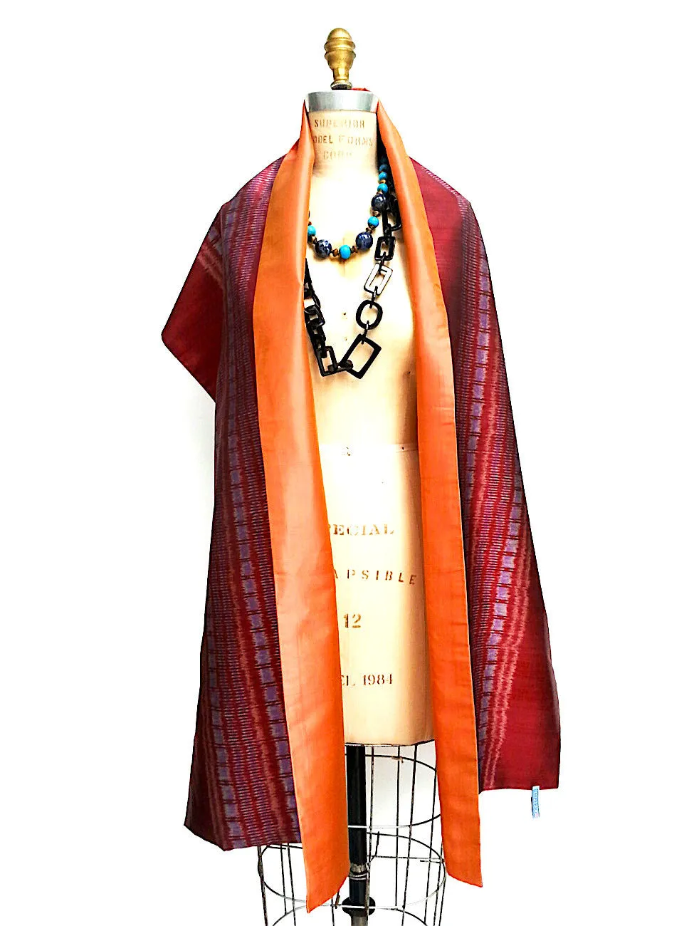 Silk Ikat Double Sided Shawl Garnet Pumpkin