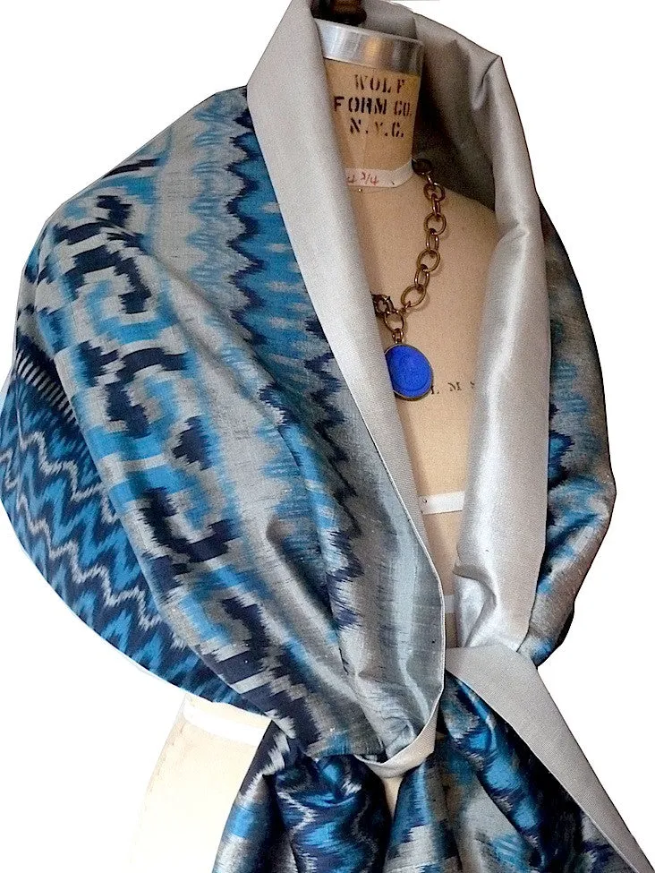 Silk Ikat Double Sided Shawl Silver And Blues