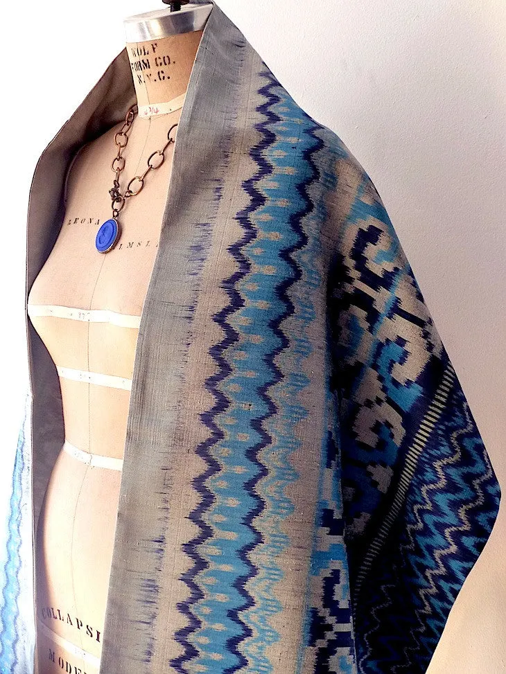 Silk Ikat Double Sided Shawl Silver And Blues