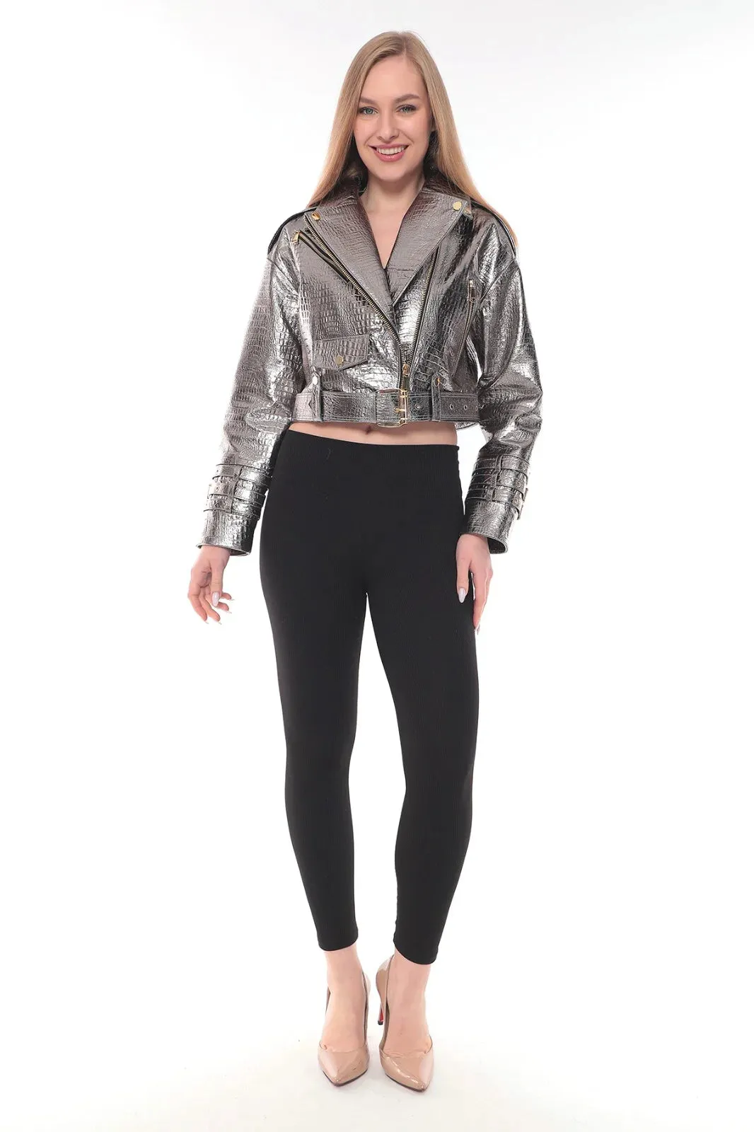 Silver Lamb Leather Snake Print Jacket with Golden Accents