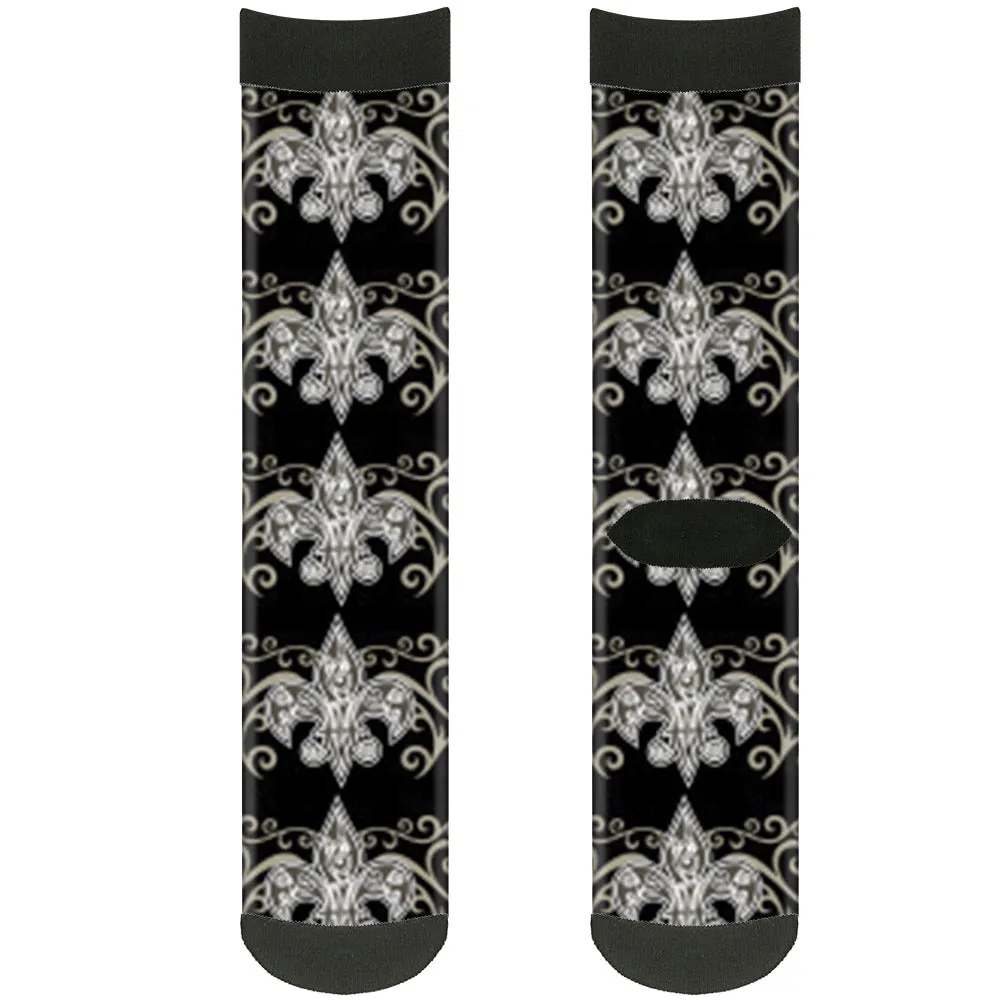 Sock Pair - Polyester - Fleur-de-Lis w Filigree Black Gray - CREW