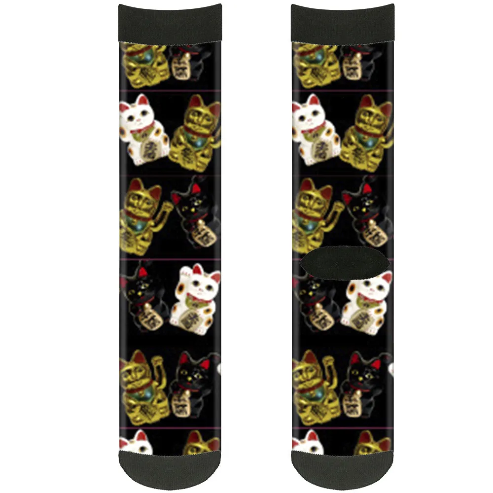 Sock Pair - Polyester - Maneki Neko Lucky Cats Gold Black White - CREW