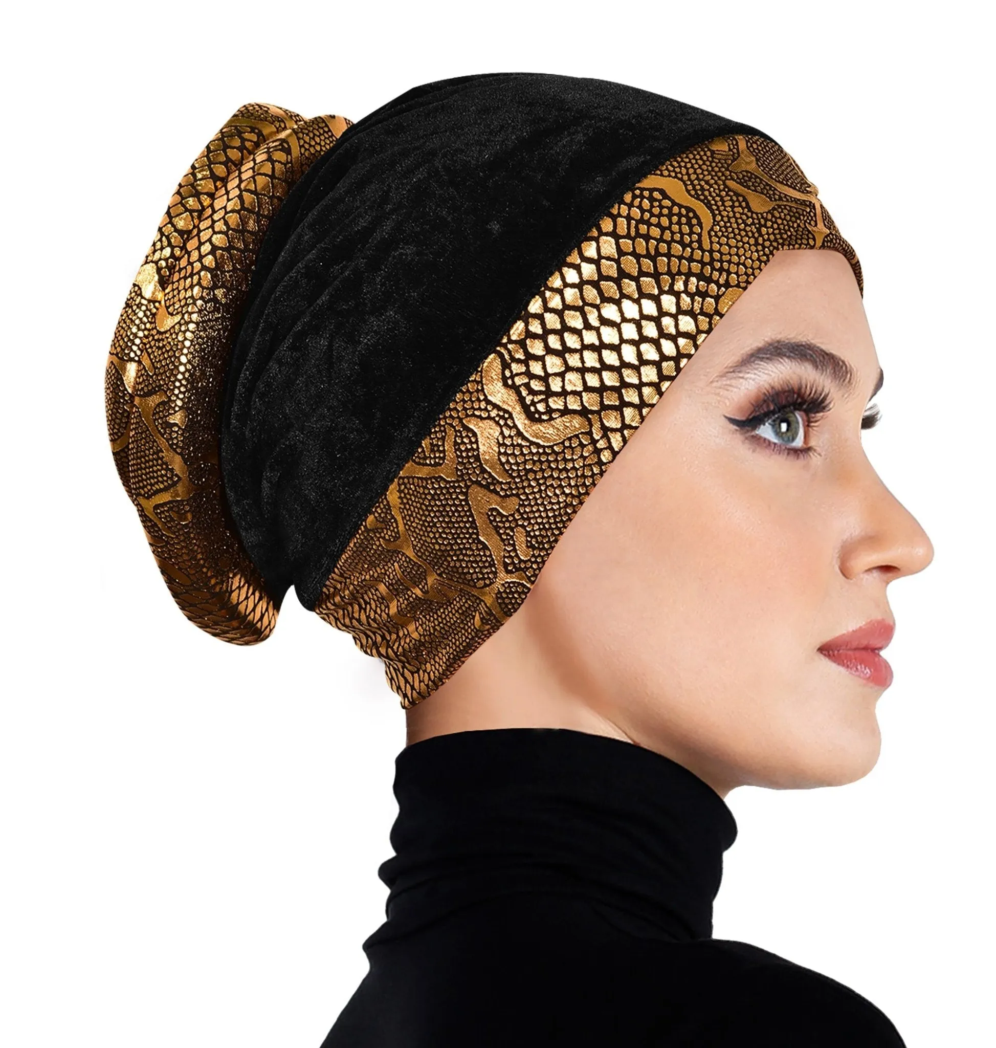 Venetian Turban Volumizer Hijab Caps in Gold Lamé & Black Velvet