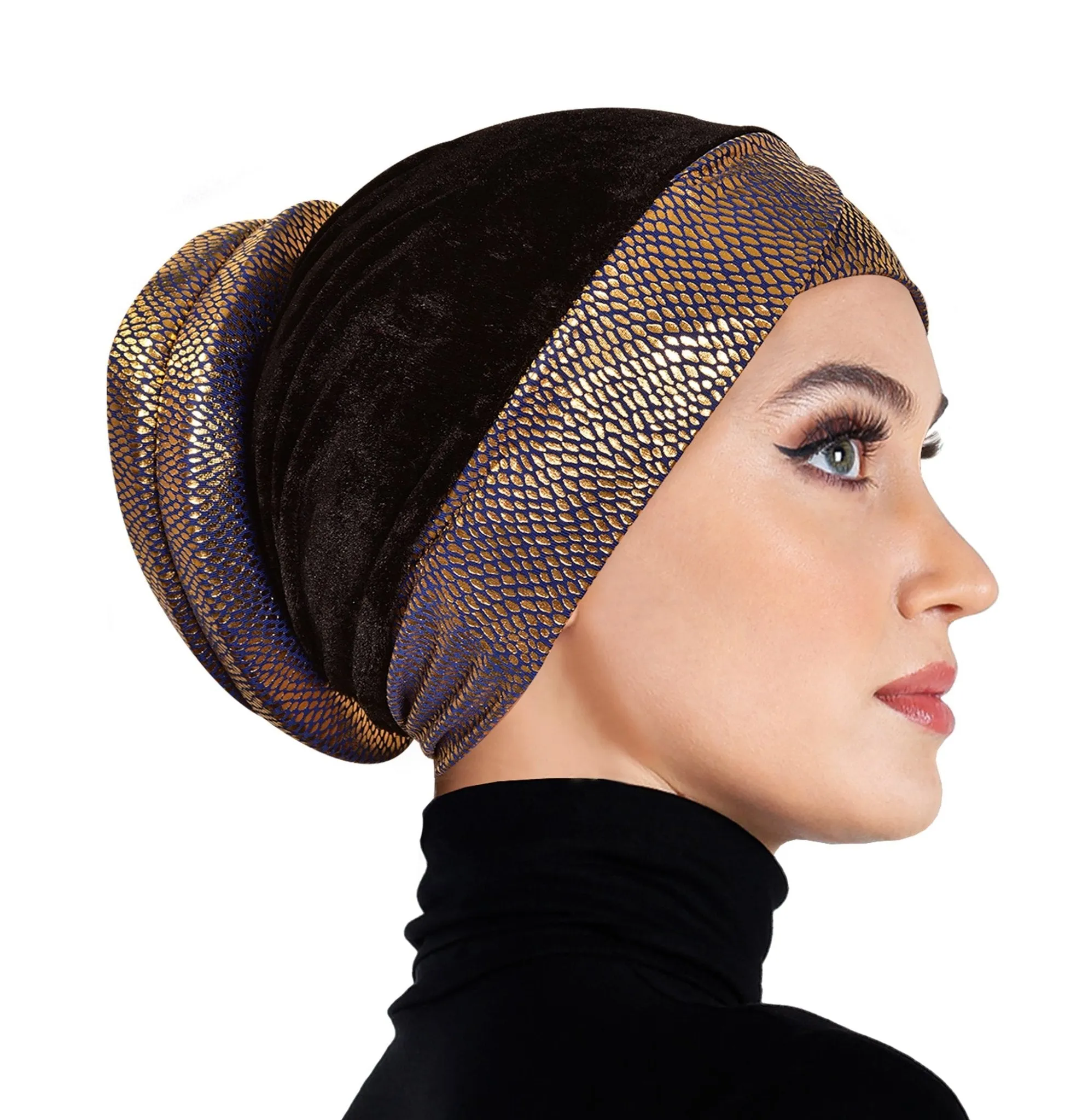 Venetian Turban Volumizer Hijab Caps in Gold Lamé & Black Velvet