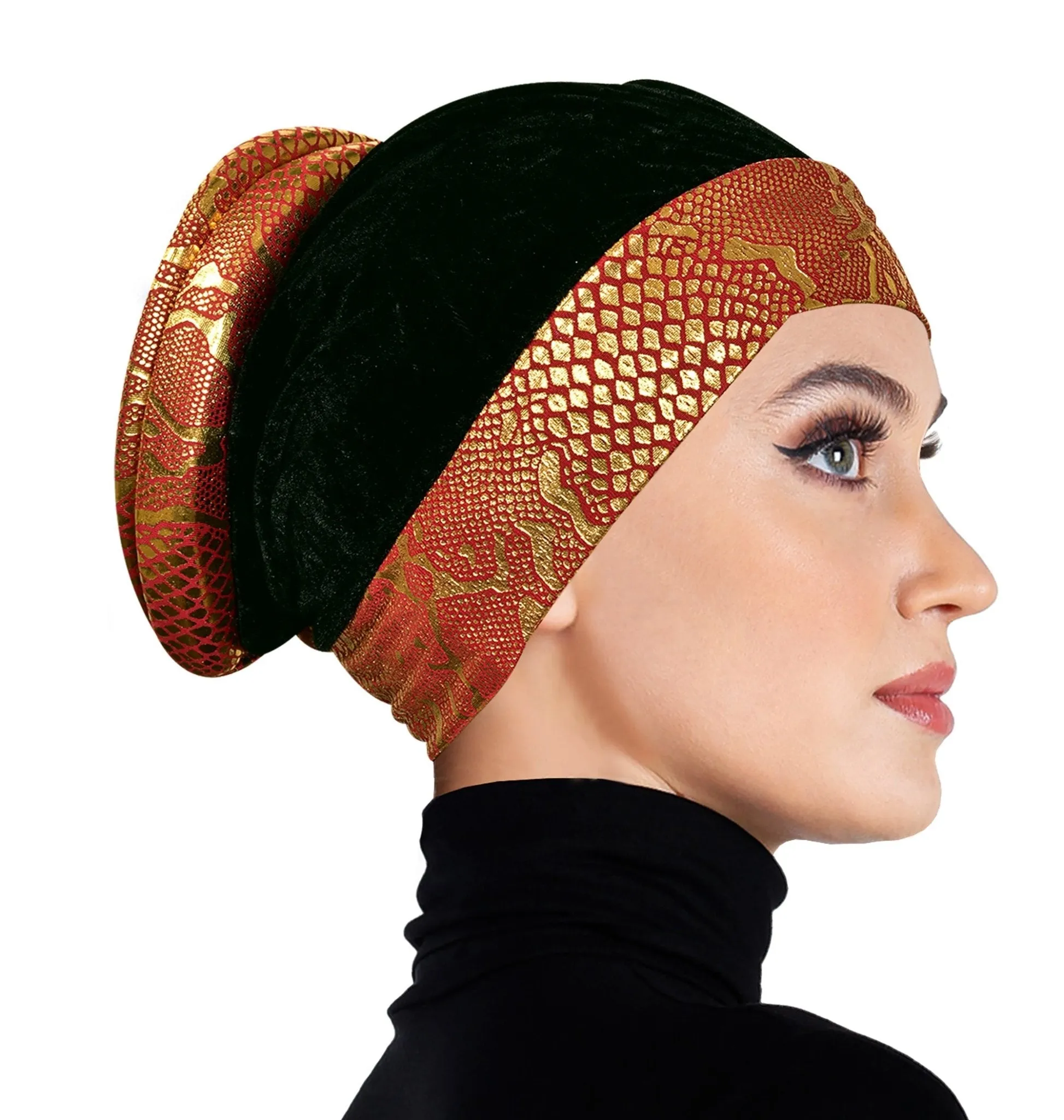 Venetian Turban Volumizer Hijab Caps in Gold Lamé & Black Velvet