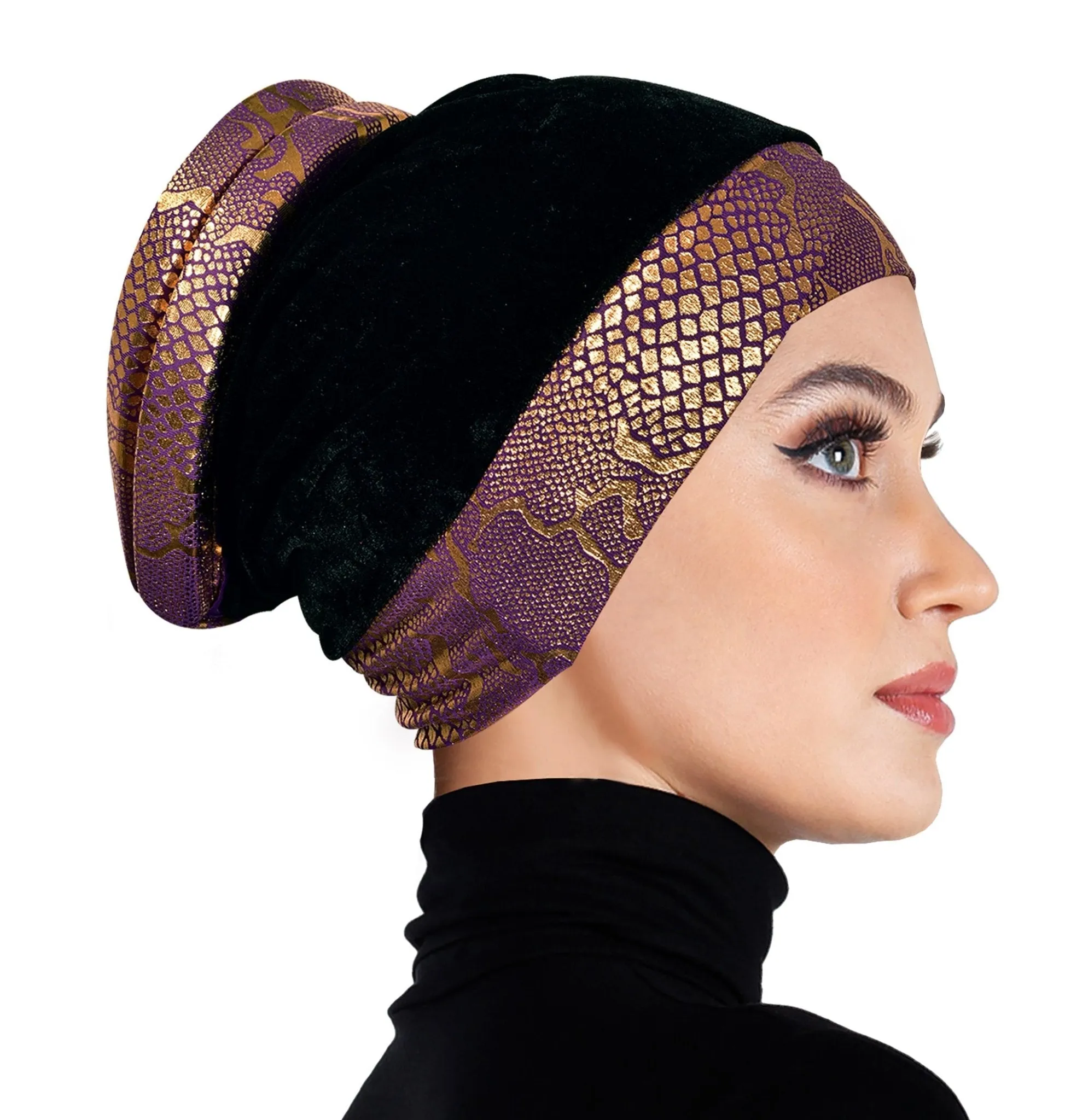 Venetian Turban Volumizer Hijab Caps in Gold Lamé & Black Velvet