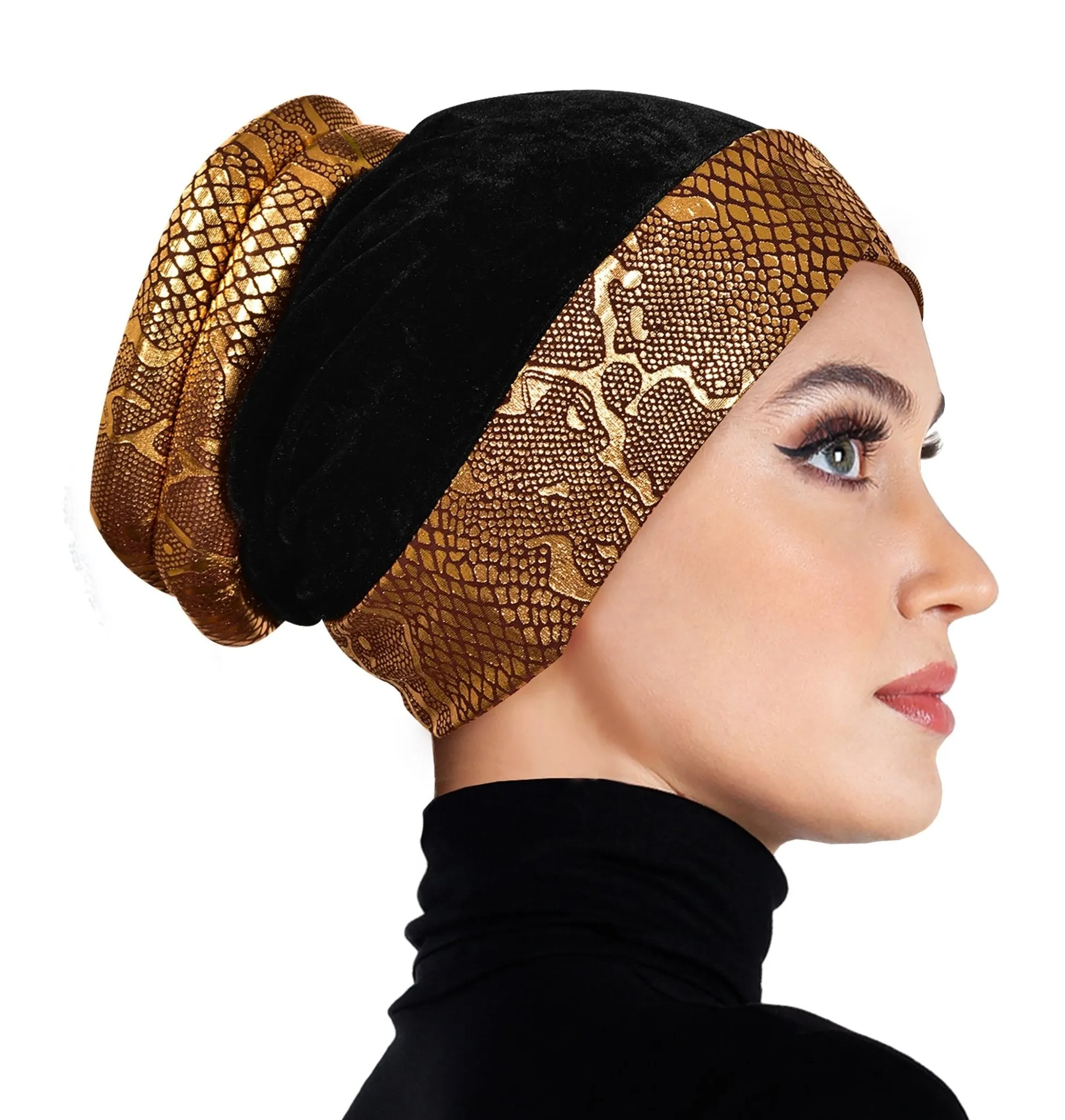 Venetian Turban Volumizer Hijab Caps in Gold Lamé & Black Velvet