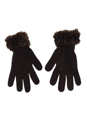 Vintage 90s Y2K Chic Bohemian Preppy Brown Velour Velvet Gloves with Fuzzy Trim