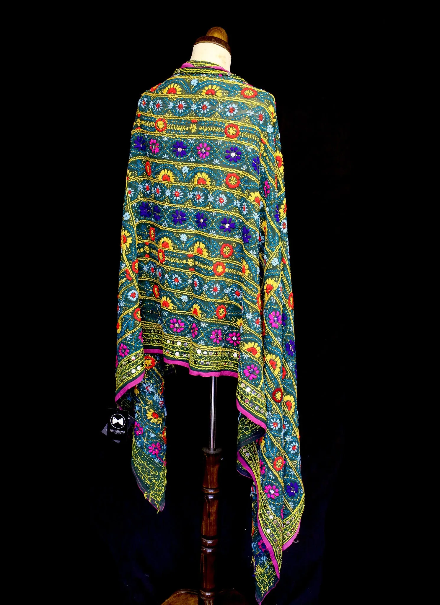 Vintage Indian Phulkari Green Embroidered Silk Wrap Shawl