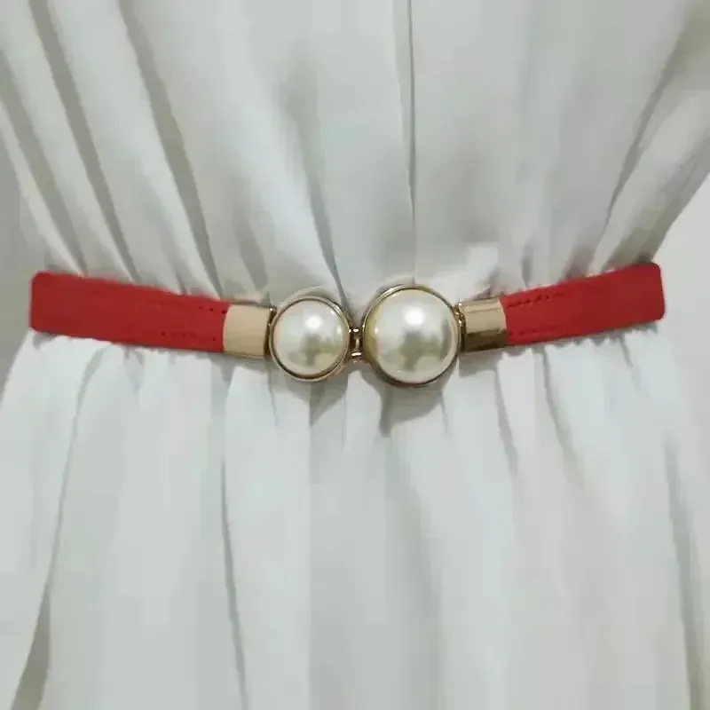 Women's Elastic Thin Pearl Buckle Waist Belt