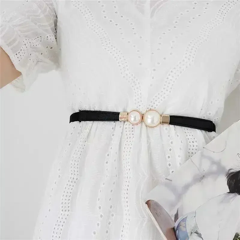 Women's Elastic Thin Pearl Buckle Waist Belt